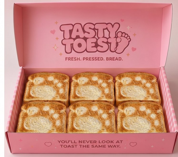 An open pink Tasty Toest box with six slices of milk bread, each pressed with the signature footprint.