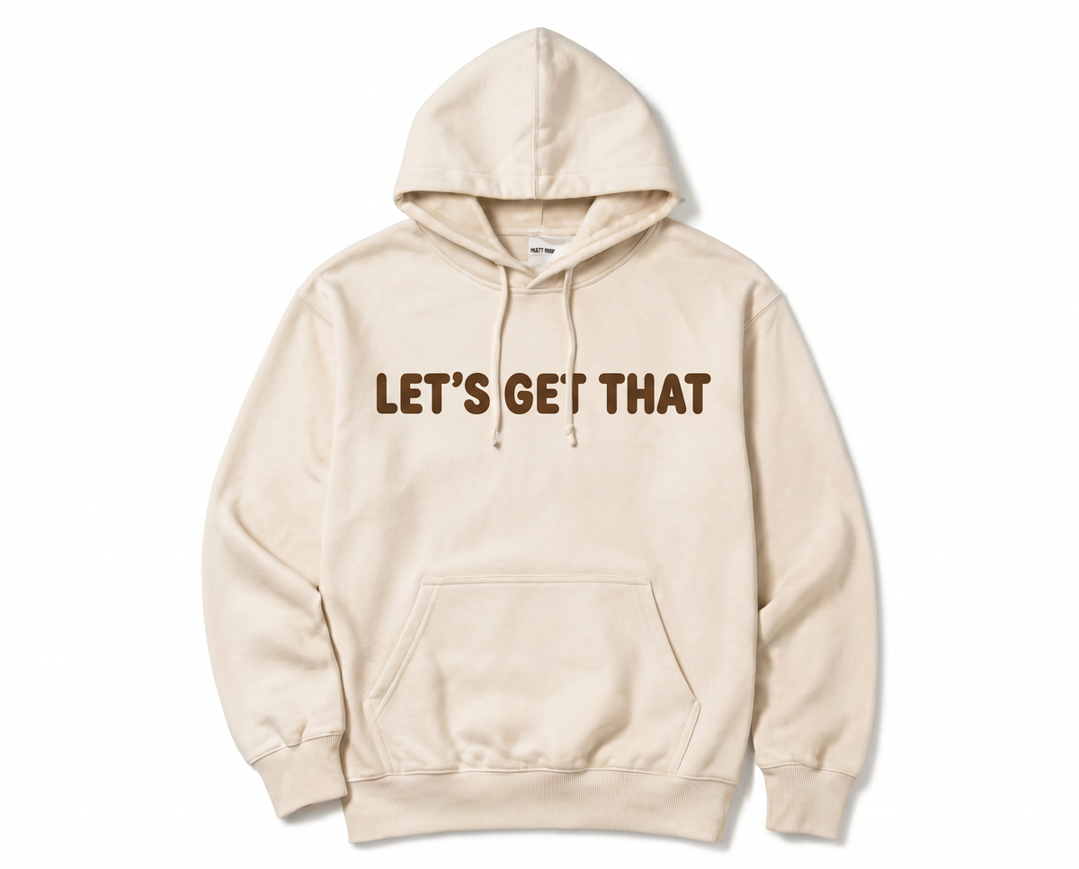 Let's Get That Bread Hoodie — cream fleece, cocoa print, front view.