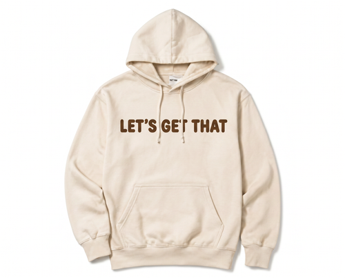 Let's Get That Bread Hoodie — cream fleece, cocoa print, front view.