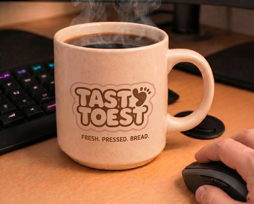 Tasty Toest Mug — on desk with steam rising, cocoa logo on cream.