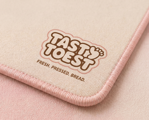 Tasty Toest Mouse Pad — pink-stitched corner detail with logo.