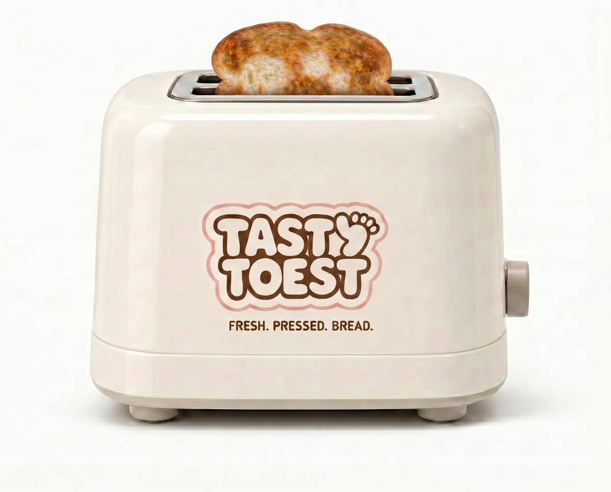 Tasty Toest Toaster — side angle, browning dial visible.